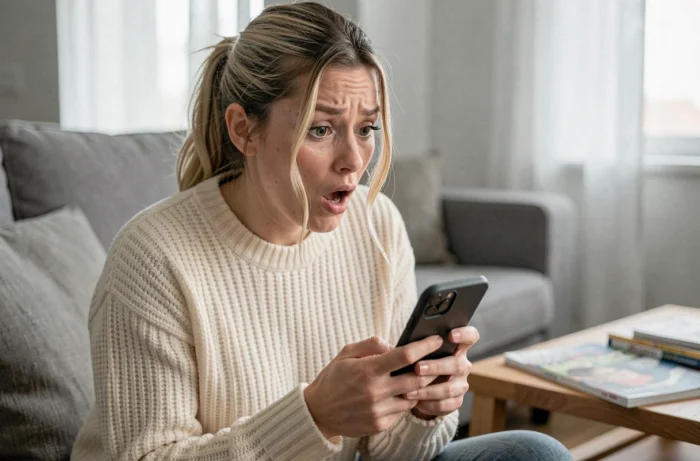 Femme lisant un message 'coucou toi' sur son téléphone avec une expression surprise et intriguée