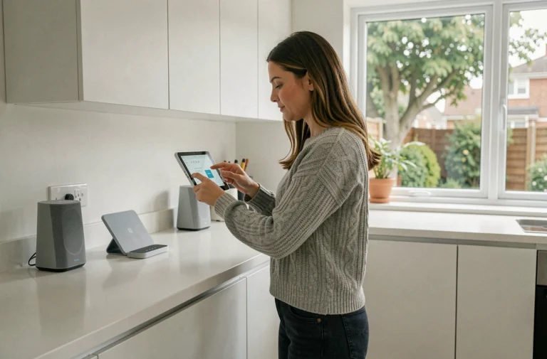 Femme utilisant un tableau de contrôle de maison connectée dans une cuisine moderne et lumineuse