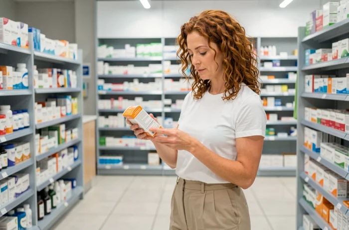 Femme en pharmacie lisant les informations sur une boîte de compléments vitaminés pour prendre soin de sa santé