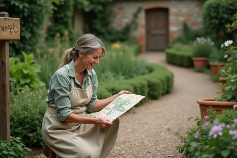 Femme explorant un plan du jardin botanique avec des allées en gravier et une végétation luxuriante en arrière-plan