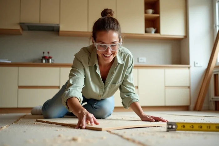 Femme mesurant des lames de parquet en bois lors de la rénovation d'une cuisine