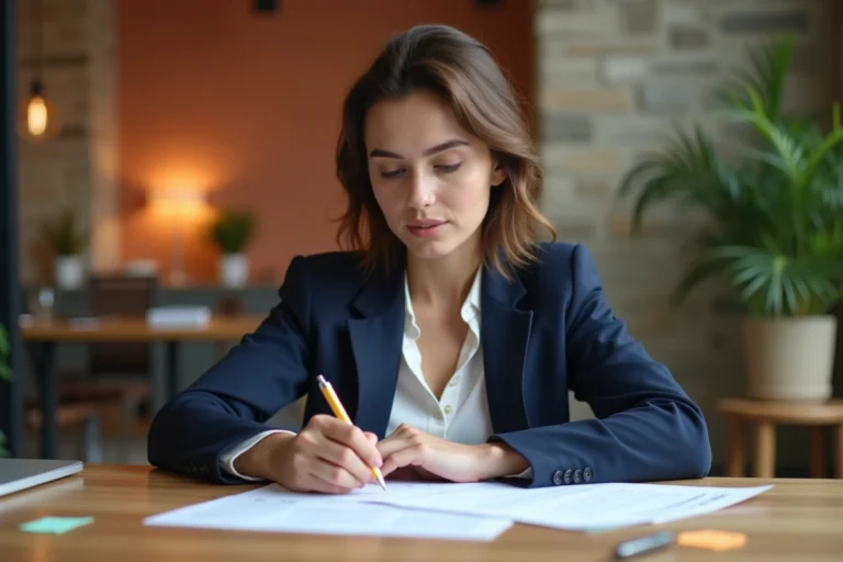 Femme professionnelle révisant son CV dans un espace de coworking breton avec des murs en pierre apparente