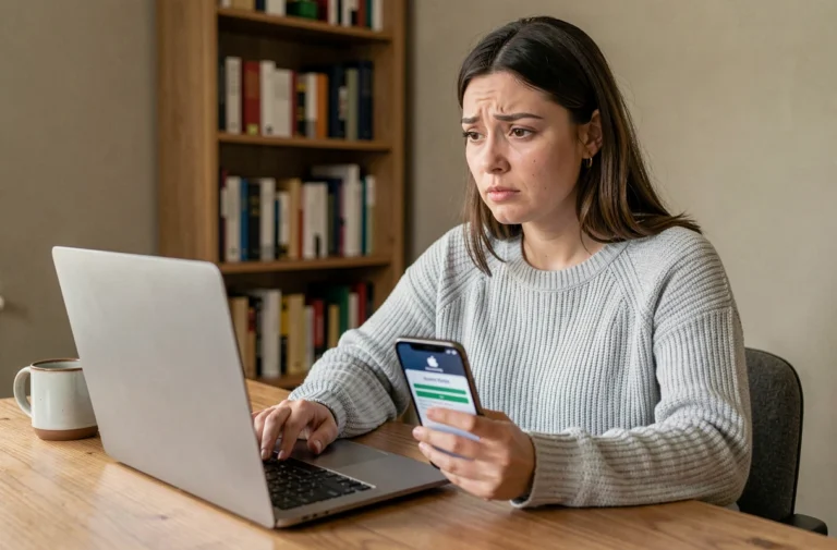 Femme consultant son téléphone et son ordinateur portable pour récupérer un mot de passe oublié