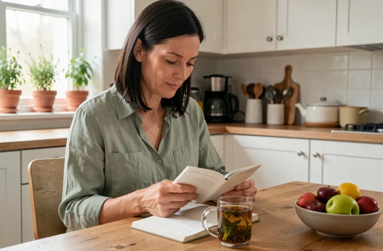 Femme prenant soin de sa santé au quotidien en consultant un journal de bien-être à la table de sa cuisine