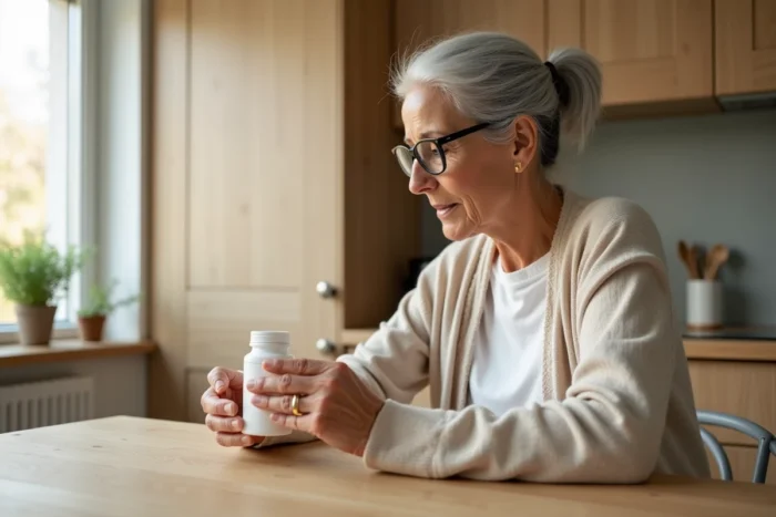 Femme senior lisant attentivement la notice d'un complément alimentaire Bion 3 dans sa cuisine