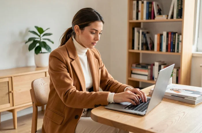 Jeune femme stylée en manteau camel faisant du shopping de mode en ligne sur un ordinateur portable dans un appartement scandinave minimaliste