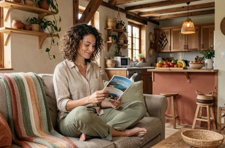 Femme voyageuse se relaxant dans un hébergement tout équipé et solidaire avec une décoration artisanale locale