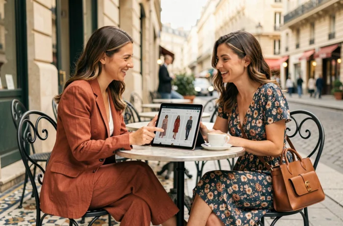Deux femmes élégantes consultant un lookbook de mode en ligne sur une tablette en terrasse de café parisien, habillées selon les tendances de la saison