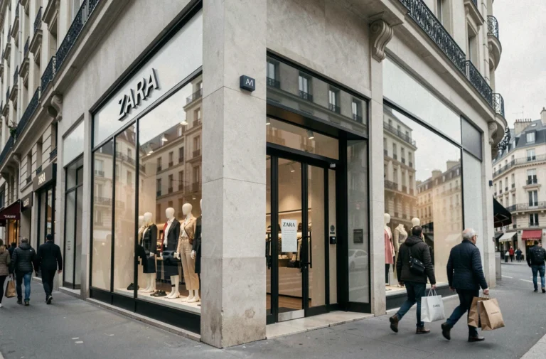 Devanture d'un magasin Zara fermé sur une rue commerçante française, reflets urbains sur la vitrine en verre