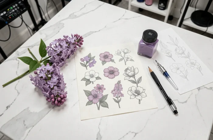 Flat-lay de dessins de tatouage lilas sur table blanche avec fleurs fraîches et encre violette en studio