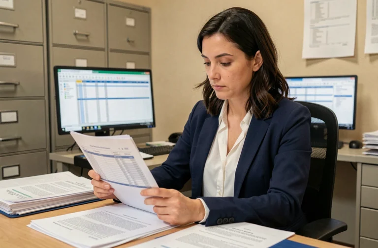 Fonctionnaire de catégorie C examinant la grille indiciaire dans un bureau administratif français