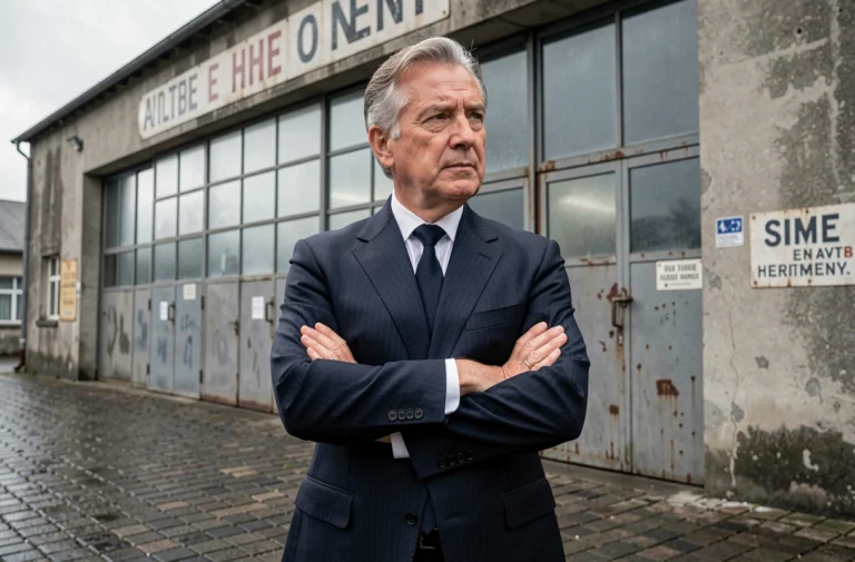 Portrait d'un entrepreneur emblématique devant un entrepôt frigorifique industriel, évoquant l'histoire du fondateur de Picard