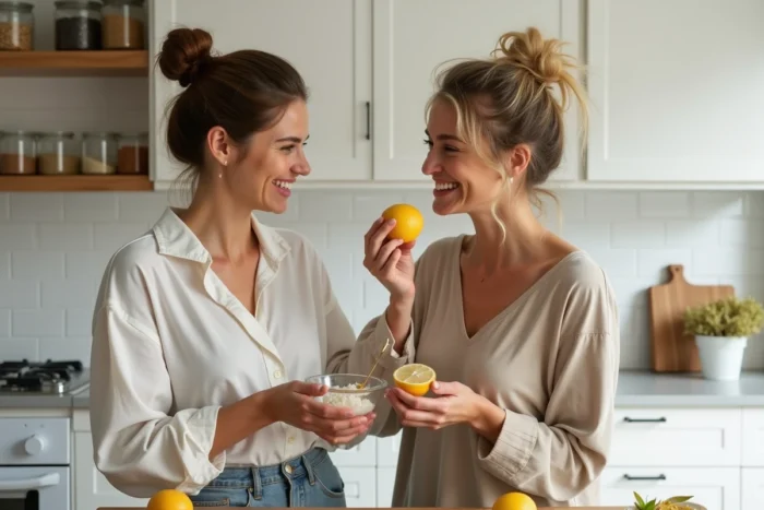 Deux femmes préparant un gommage lèvres maison au sucre et à l'huile de coco dans une cuisine minimaliste moderne, riant ensemble entourées d'ingrédients naturels