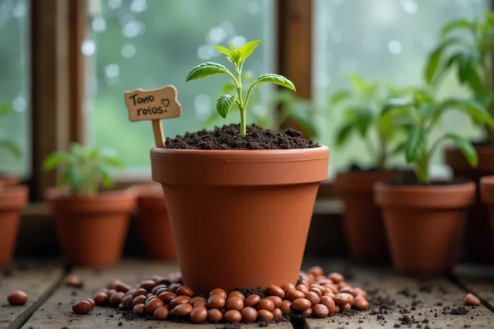 Gros plan de billes d'argile couvrant la surface d'un pot de jeune plant de tomate en serre