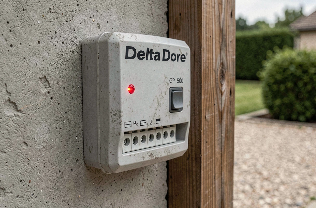 Gros plan sur le boîtier Delta Dore GP 500 avec le voyant rouge visible et les bornes de connexion