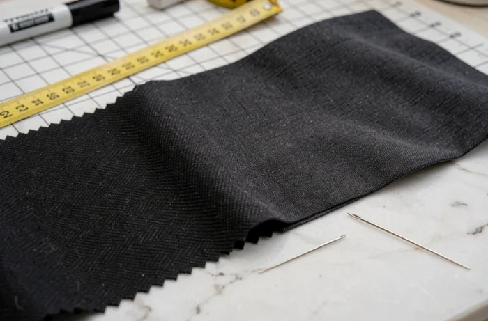 Gros plan sur des échantillons de tissu noir pour robe d'avocat posés sur une table de coupe avec mètre ruban