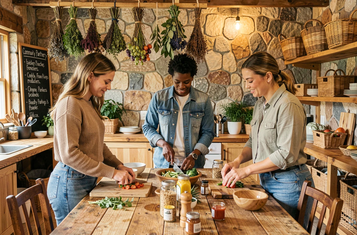 Groupe d'amis cuisinant ensemble dans un éco-lodge solidaire avec des produits locaux