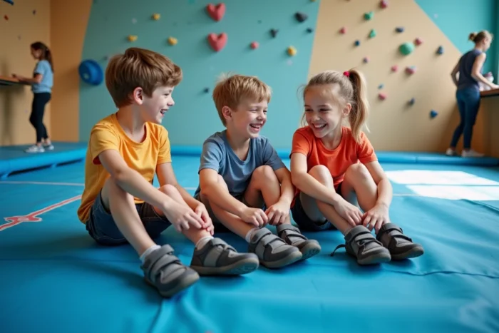Groupe d'enfants préparant leurs chaussons d'escalade sur les tapis d'une salle de bloc à Lille