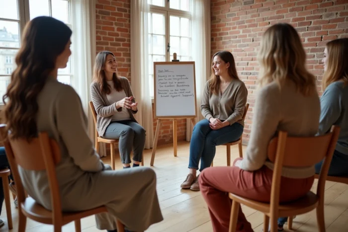 Groupe de femmes participant à une formation professionnelle de doula en France dans un atelier de soutien périnatal