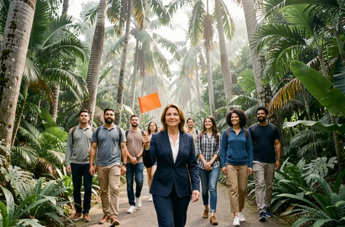 Guide touristique professionnelle accompagnant un groupe de voyageurs dans un jardin botanique tropical lors d'une excursion organisée