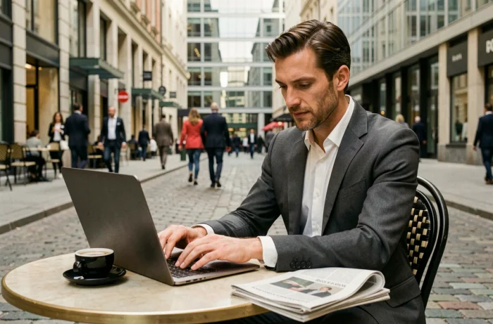 Homme d'affaires consultant les actualités économiques sur son ordinateur portable en terrasse dans un quartier financier
