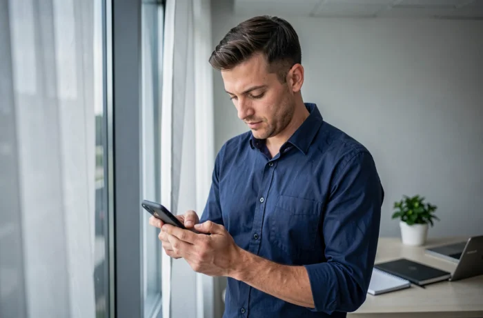 Homme consultant l'application mobile Faljam depuis son bureau à domicile