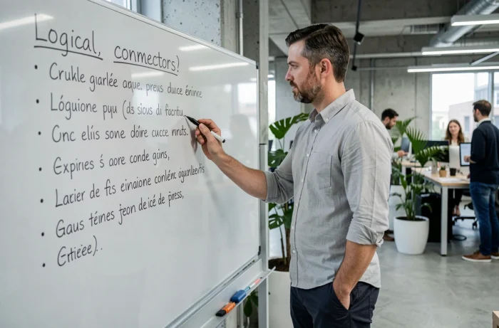 Homme en bureau moderne écrivant des connecteurs logiques sur un tableau en verre, illustrant la structuration d'un texte argumentatif