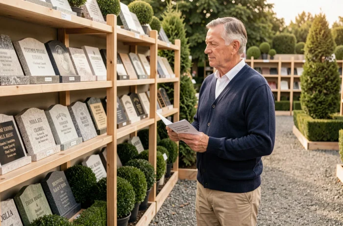 Homme âgé consultant un catalogue de plaques funéraires personnalisées devant un rayon dédié dans une jardinerie
