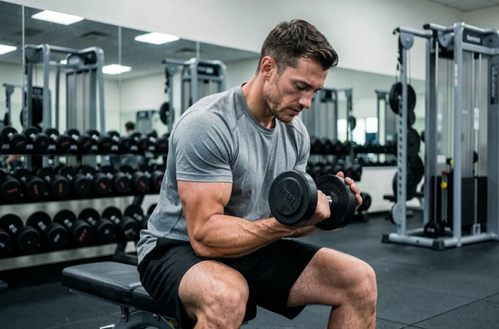 Homme s'entraînant avec des haltères dans une salle Basic Fit équipée de machines de musculation