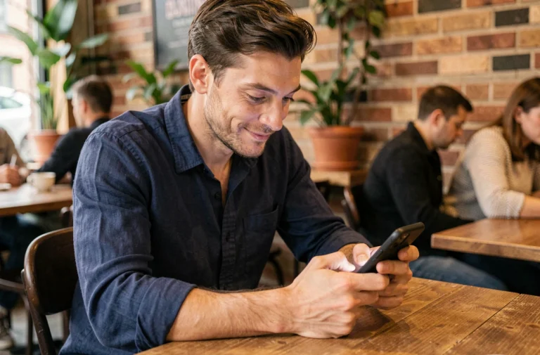 Homme souriant en train d'envoyer un message 'coucou toi' sur son téléphone dans un café