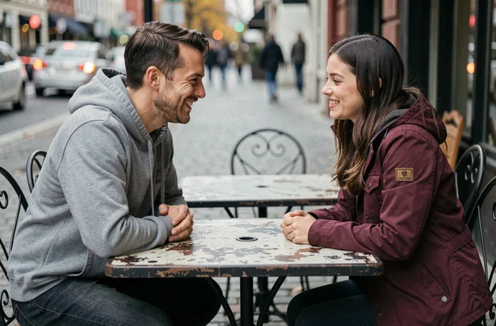 Homme et femme en conversation ambiguë et souriante en terrasse évoquant un message flatteur