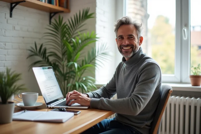 Homme suivant une formation professionnelle en ligne depuis son bureau à domicile