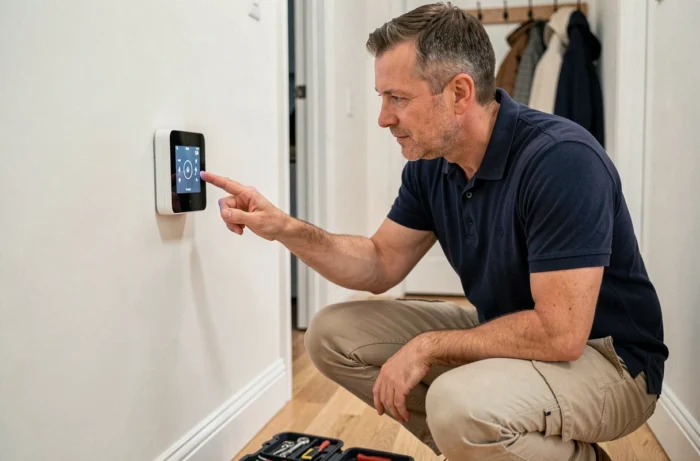 Homme installant un thermostat connecté dans le couloir d'une maison résidentielle