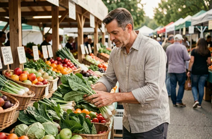 Homme choisissant des légumes frais au marché pour une alimentation saine, actualité nutrition et santé