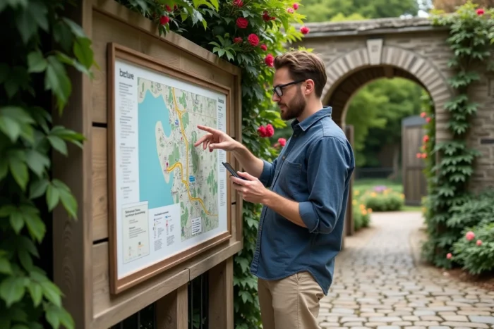 Homme consultant un plan de site encadré à l'entrée d'un jardin botanique avec une arche en pierre fleurie
