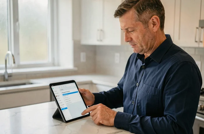 Homme utilisant une tablette pour réinitialiser un mot de passe via un lien reçu par email
