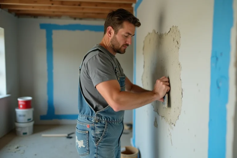 Homme en salopette appliquant de l'enduit sur un mur lors de travaux de rénovation intérieure
