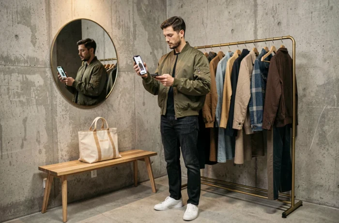 Homme tendance en veste bomber olive comparant des vêtements de saison dans une boutique urbaine moderne avec application de mode sur smartphone