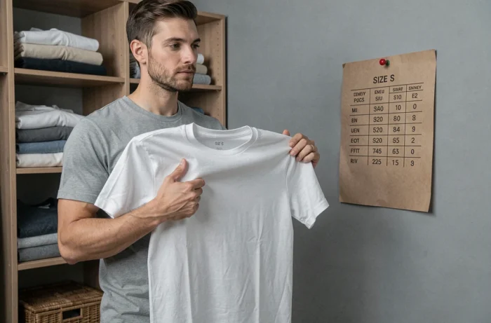 Homme comparant un t-shirt taille S avec un tableau d'équivalences de tailles dans un dressing minimaliste