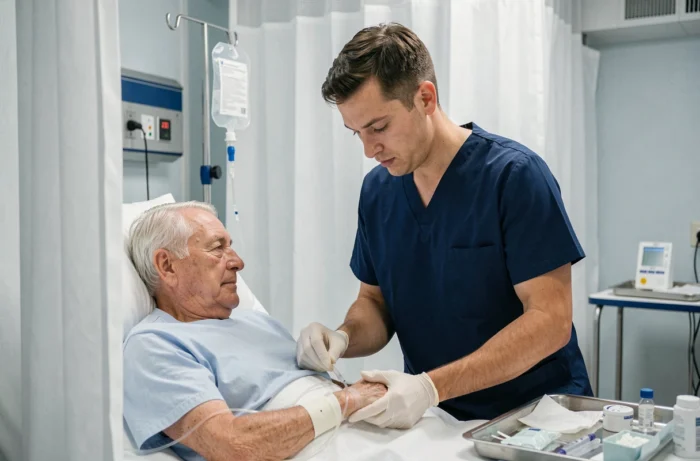 Infirmier surveillant une transfusion sanguine chez un patient âgé dans un service hospitalier, vérification de la perfusion intraveineuse