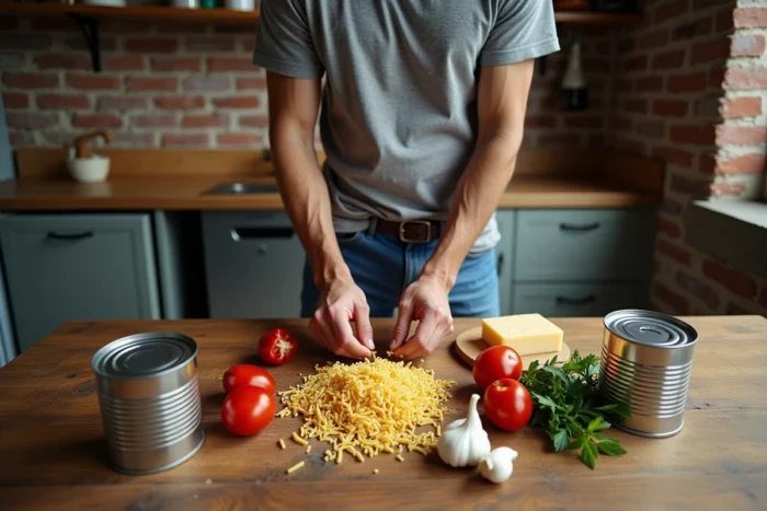 Ingrédients simples et économiques disposés sur une table en bois pour préparer un repas facile à petit budget