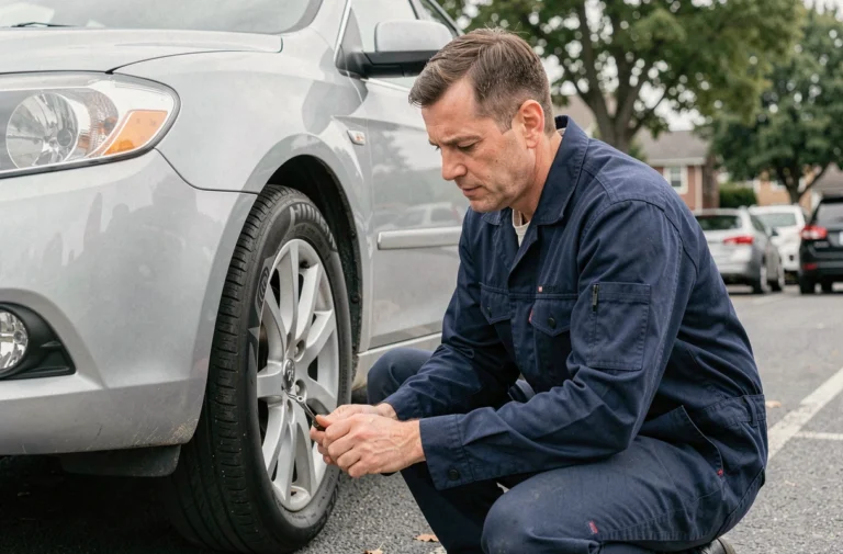 Homme inspectant le pneu de sa voiture dans un parking, conseil entretien automobile