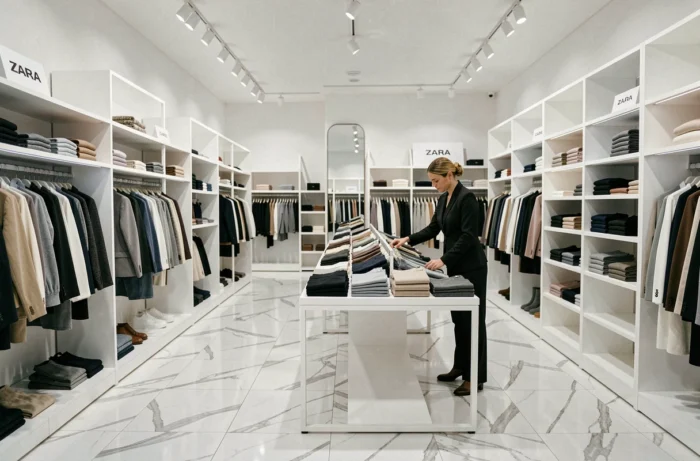 Intérieur d'un magasin Zara en France en dehors des heures d'ouverture, employée rangeant les vêtements sur les présentoirs