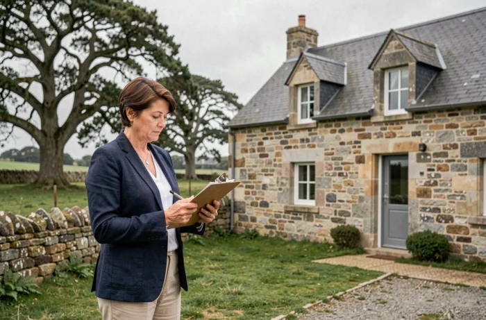 Investisseuse immobilière devant une ferme en pierre bretonne examinant un projet d'investissement responsable en milieu rural