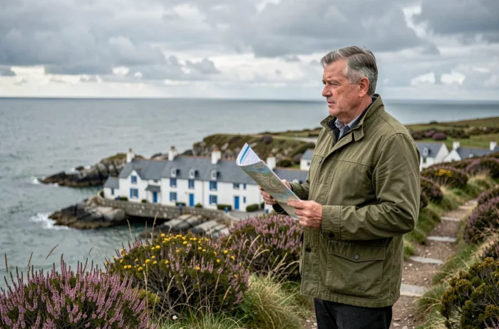 Investisseur immobilier contemplant un village côtier breton depuis les falaises, évaluant un projet d'investissement éthique en bord de mer