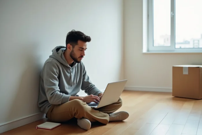 Jeune homme recherchant une location immobilière sur un ordinateur portable dans un appartement vide