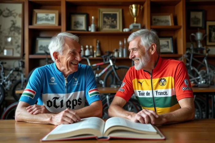 Deux légendes du cyclisme discutant de leurs victoires dans les trois grands tours à l'intérieur d'un musée cycliste vintage