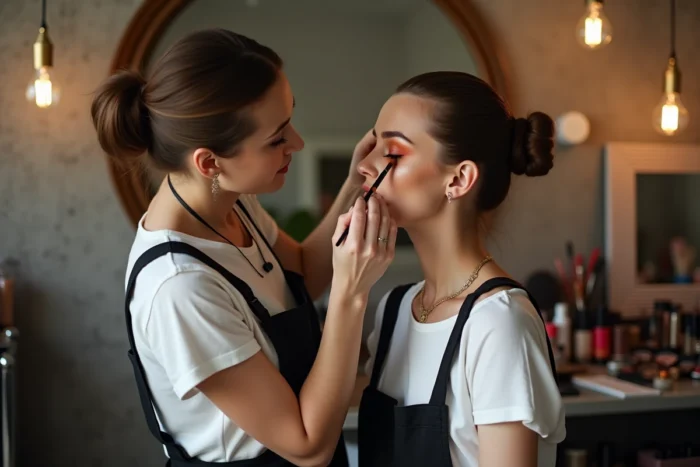 Maquilleuse professionnelle appliquant un fard à paupières terracotta sur un modèle dans un studio beauté moderne