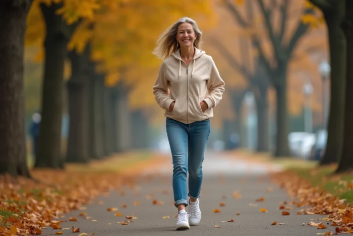 Femme marchant dans un parc en automne pour prendre soin de sa santé physique et mentale au quotidien