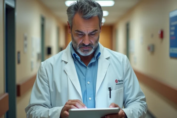Médecin AP-HP consultant un écran de connexion en erreur sur une tablette dans un couloir d'hôpital